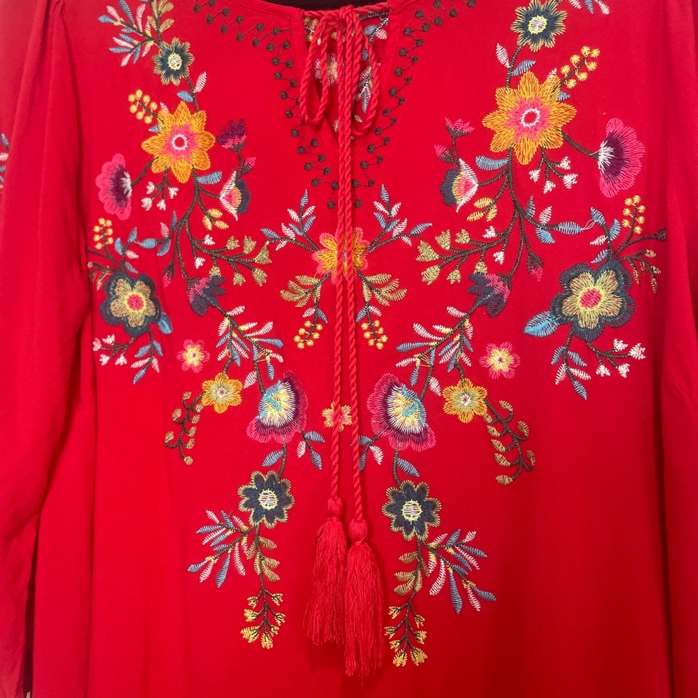 Umgee Red Embroidered  Tunic Dress with Tassels - Picture 5 of 8